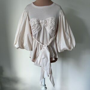 Johanna Ortiz Idyllio Bateau Neckline Three-Quarter Puff Sleeve Beige Blouse 6